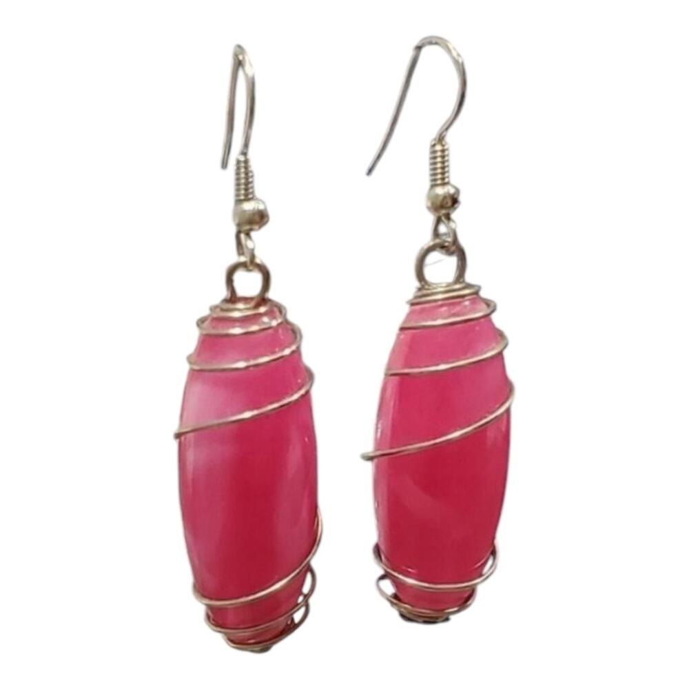 Treska Pink Wire Wrapped Oval Drop Earrings Silver Tone Fishhook‎ Boho Dangle